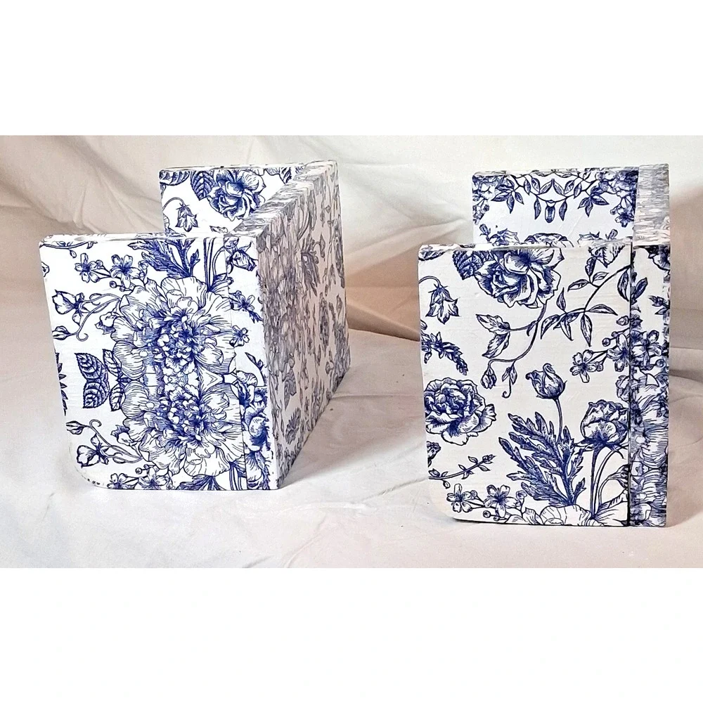 Lot of 2 Decoupaged Blue & White Wood Shelves Wall Mount 8” Chinoiserie